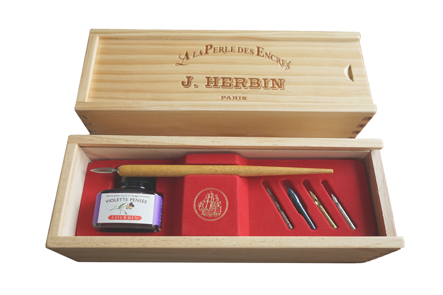  French J Herbin Dip Pen Suit 5 pennies 1 bottle of ink Courtesy Pen Wood Gift box