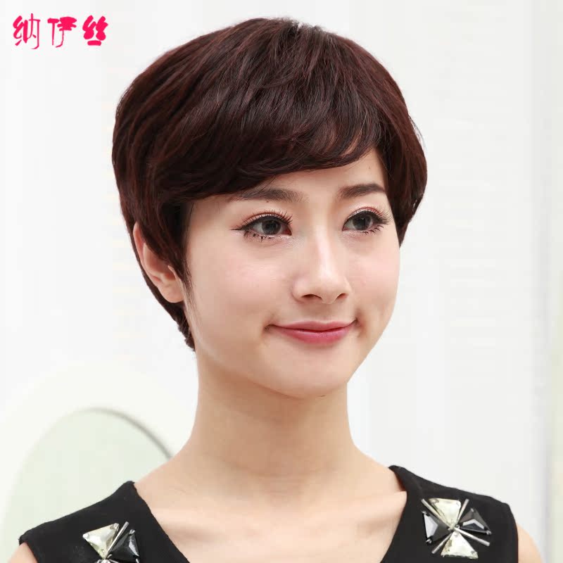 真发假发女短卷发套妈妈款蓬松斜刘海真人发丝短发中老年假发头套