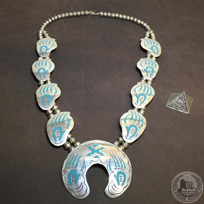 1980s North American Indiana Ho Green Pine Naja Wolf Claw 925 pure silver antique retro necklace silver mark