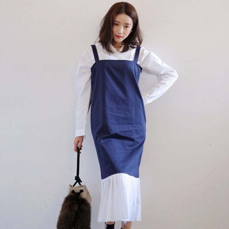 韩国stylenanda官方正品 个性款褶裥拼接背带连衣裙-海军蓝色