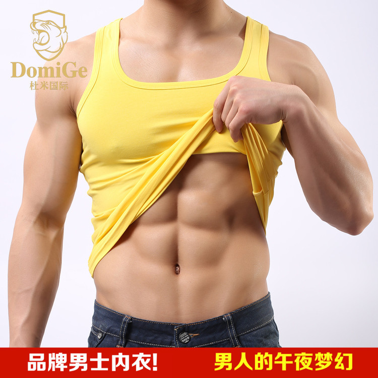 Men's High-End Brand Sports Fitness Tank Top with Square Neckline, Pure Cotton Lycra, Yellow Vest, Comfortable and Sexy Base Layer Shirt