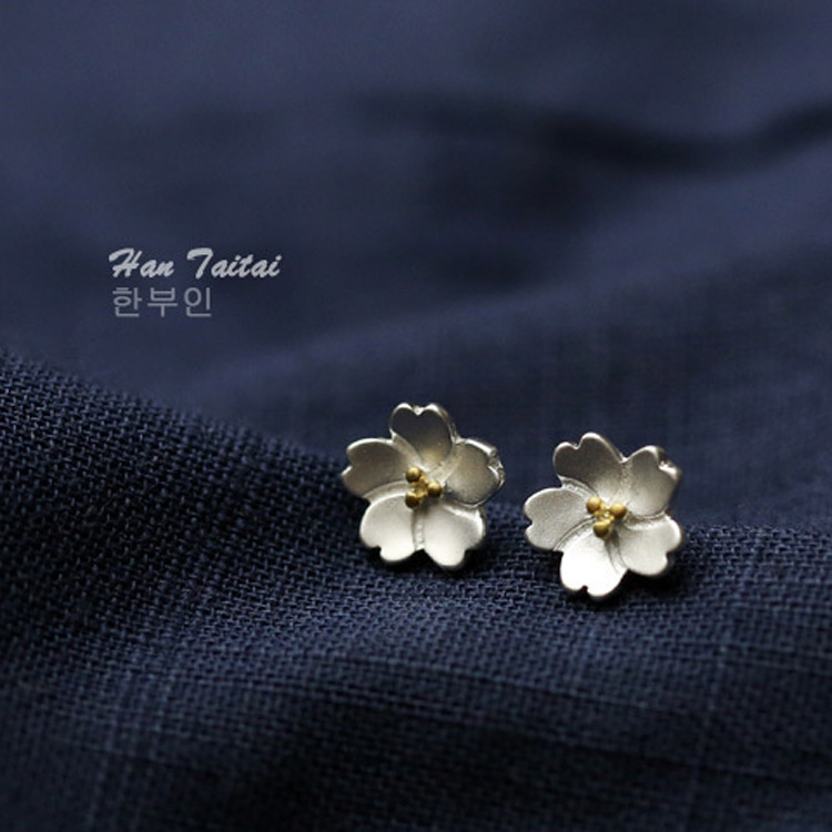 Original handmade 925 pure silver earshot flower Jane about Japan-ROK style 100 lap temperament anti-allergy cherry earrings earrings
