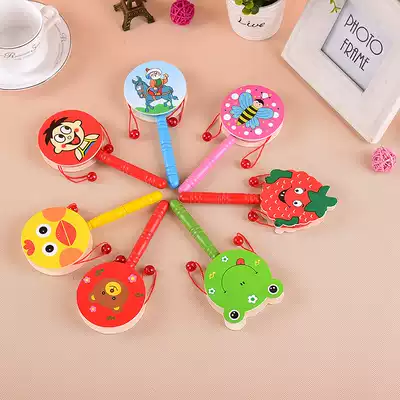 Baby children toy cartoon double-sided rattle wooden hand drum rattle 0-1 year old baby early education Music Enlightenment