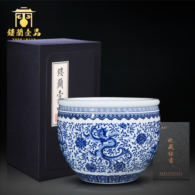 Jingdezhen blue and white dragon ceramics imitation the qing qianlong feng shui study of new Chinese style decoration painting and calligraphy cylinder aquarium furnishing articles