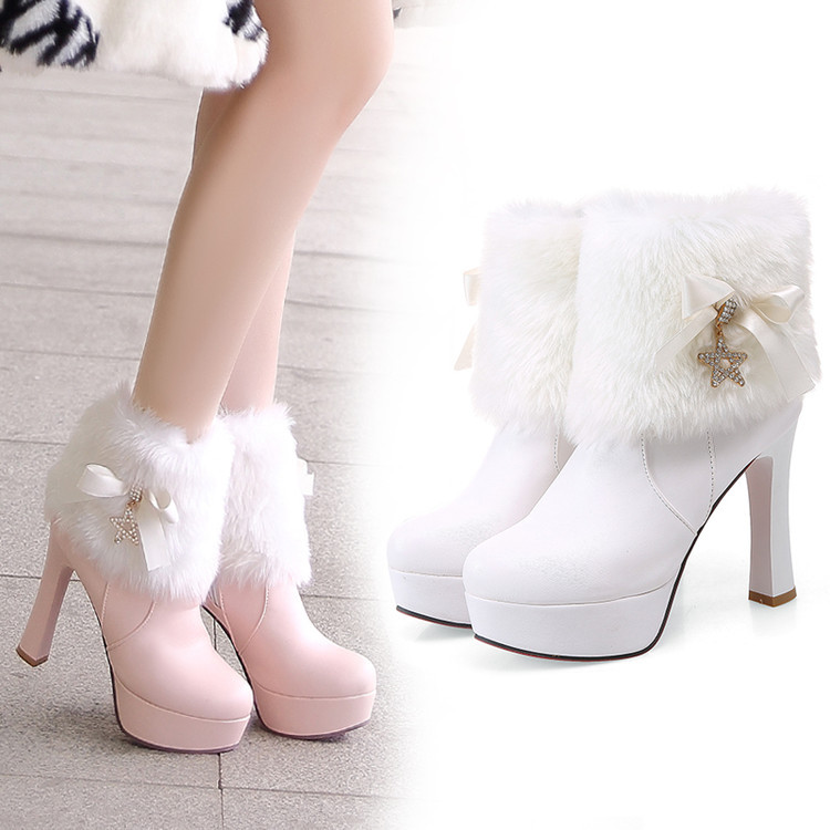 Autumn and Winter Pink Sweet and Cute Furry Snow Boots with Chunky Heels, Ultra-High Heels, Short Boots, Women's Shoes, Winter Cotton Boots Autumn and Winter Pink Sweet and Cute Furry Snow Boots with Chunky Heels, Ultra-High Heels, Short Boots, Women's Shoes, Winter Cotton Boots