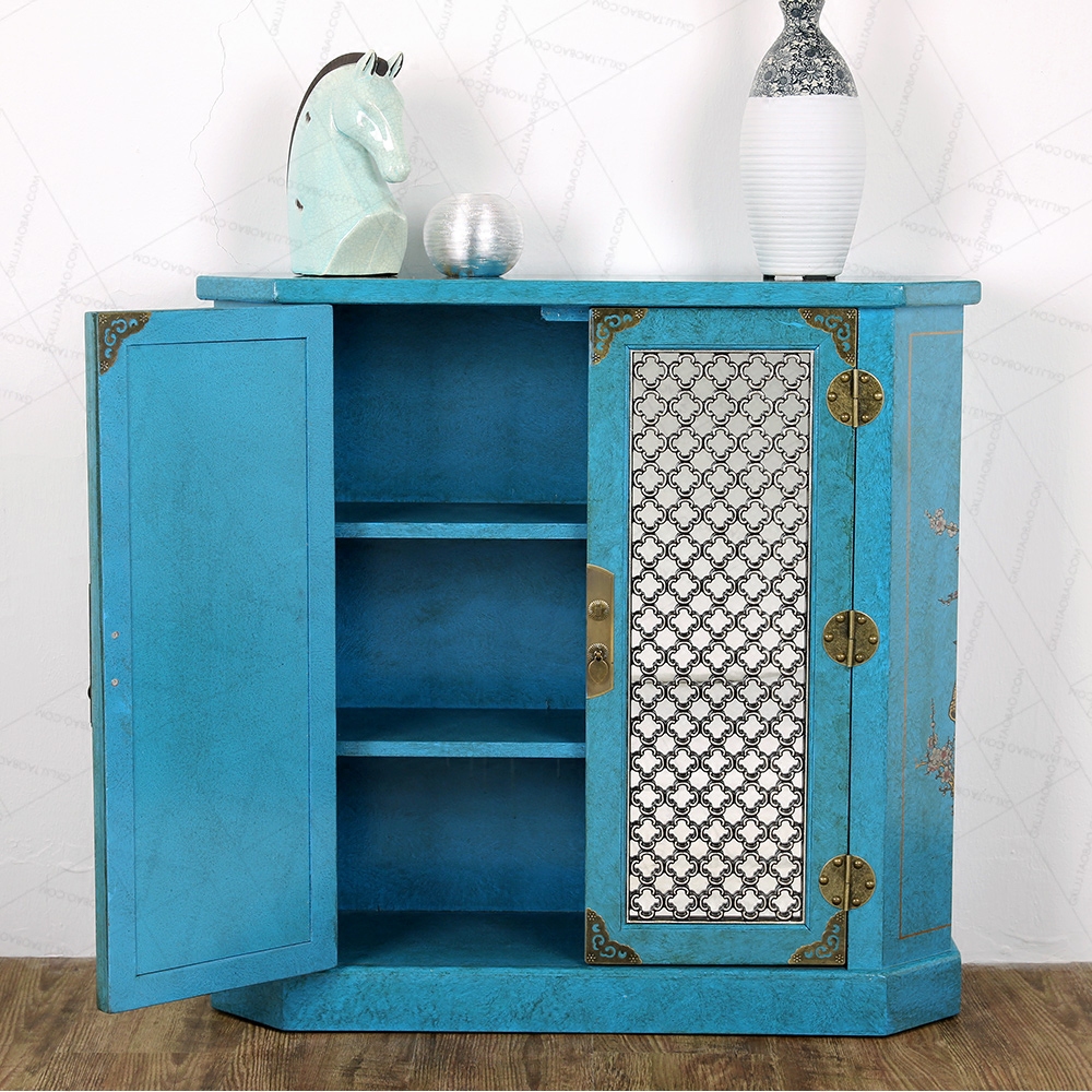 Blue Hall Cabinet New Chinese furniture frontier cabinet floor depiction mirror Mediterranean Old Neoclassical