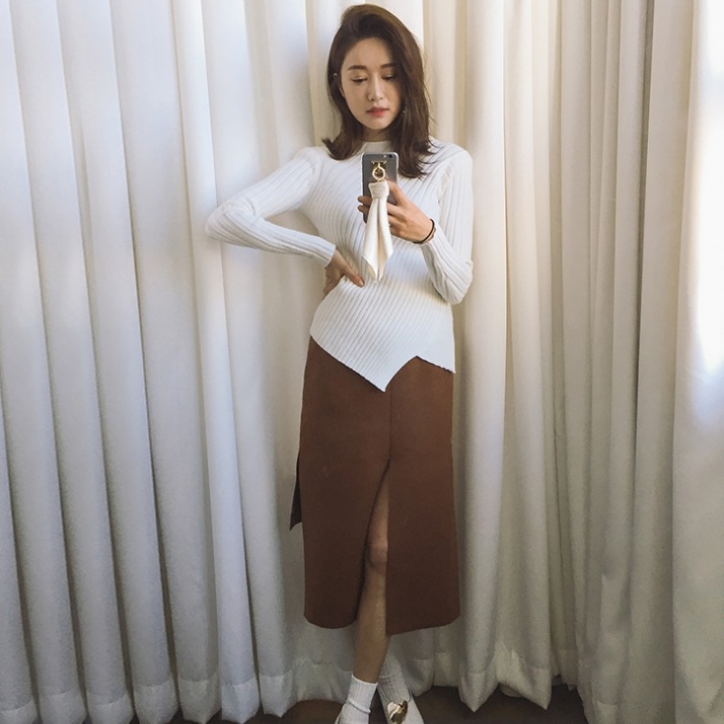 韩国stylenanda官方正品 性感前开衩不规则摆半身裙-棕色