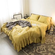 shuang ceng sha denim cotton 1 8m bed double naked solid color bedding chao xian gas ruffled Korean wind