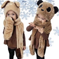 Autumn and winter childrens ear protector hat plush scarf gloves three-piece set integrated male and female baby bib pulle head hat set