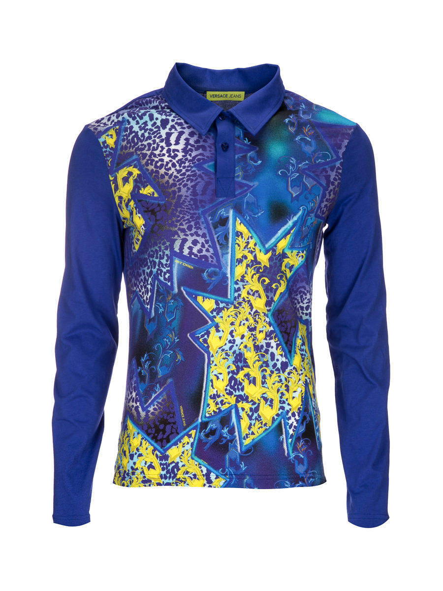 versace jeans 蓝底彩色印花长袖Polo衫