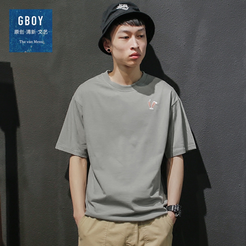 GBOY夏季日系清新卡通兔耳朵刺绣T恤男短袖青年宽松圆领打底短tee