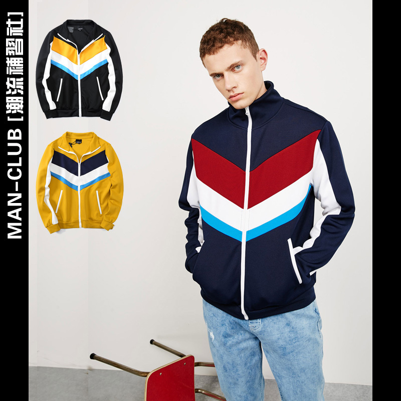 [Trendy Tutoring Center] Trendy Autumn and Winter Clothing, Retro School Uniform Style, Color-Blocking, High-Neck, Sports Casual Short Jacket
