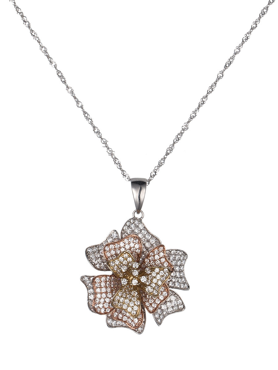 viva 自由韵律系列三金色镶钻立体花造型吊坠（赠送纯银配链）