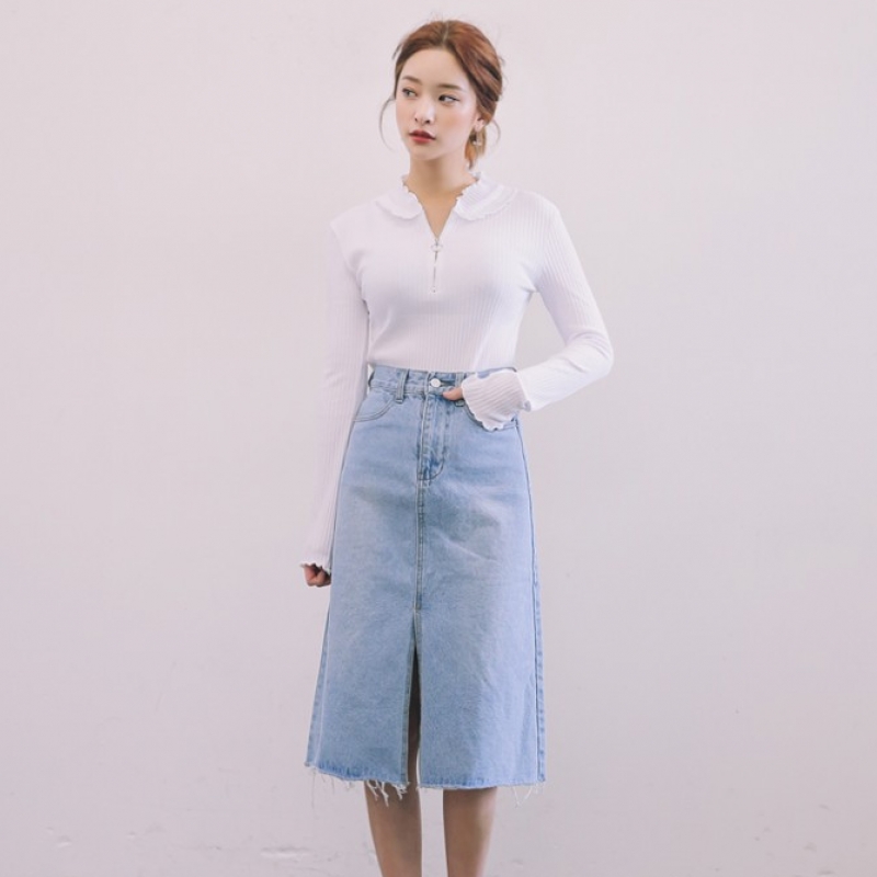 韩国stylenanda官方正品 性感前开衩毛边摆牛仔半身裙-牛仔蓝色