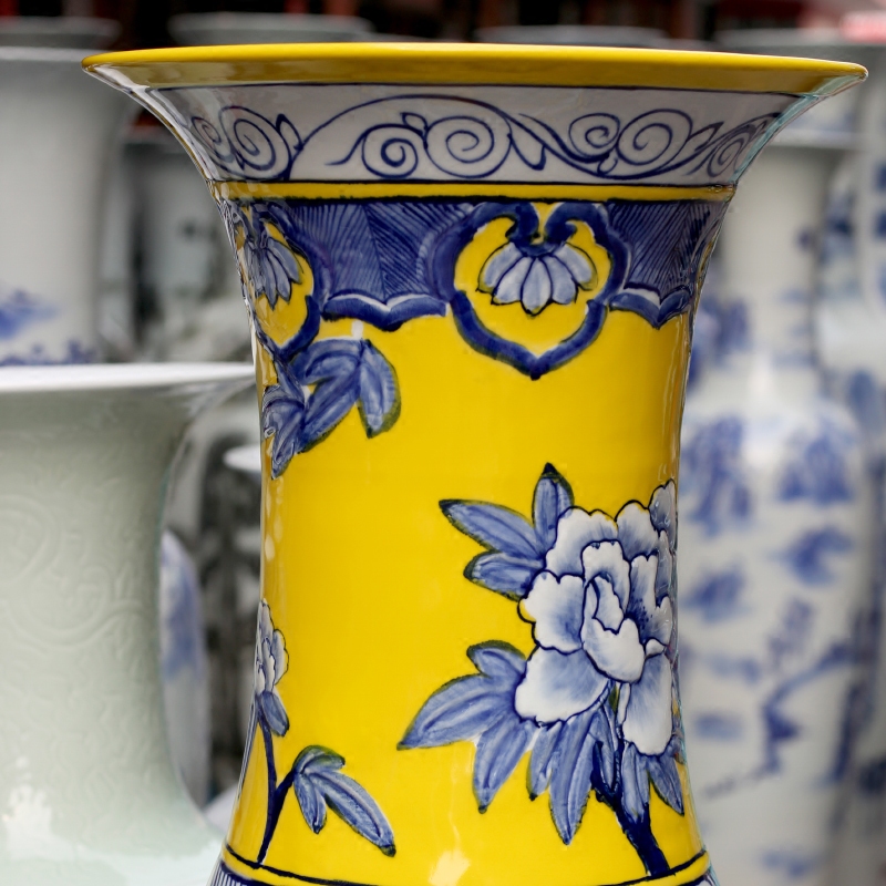 Jingdezhen ceramic yellow glaze hand - made phoenix peony of large vases, living room decoration to the hotel Chinese style household furnishing articles