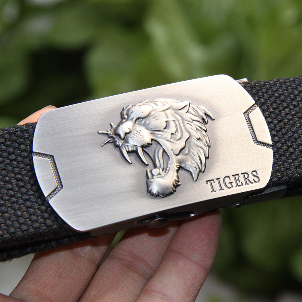 Canvas Belt Old Tiger Head Men's Slip Button Outdoor Sports Belt Army Training Pants With Military Fans Pants With Belt