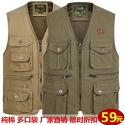 Ngoài trời chụp ảnh giải trí vest cotton vải phóng viên trung niên vest vai câu cá nhiều túi kích thước lớn vest lỏng