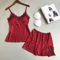 Đồ ngủ nữ gợi cảm mùa hè quần short với miếng đệm ngực tập hợp hai bộ áo lụa mỏng của Hàn Quốc phù hợp với phụ nữ bộ pijama