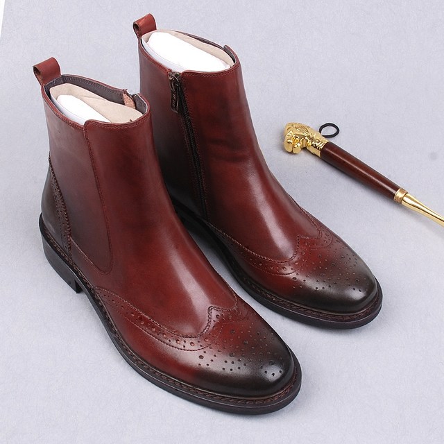 ເກີບຜູ້ຊາຍ Zipper ຫນັງແທ້ຂອງອັງກິດເກີບສັ້ນ brogue carved ເກີບສູງເທິງຜູ້ຊາຍທຸລະກິດຢ່າງເປັນທາງການເກີບຫນັງ Martin boots