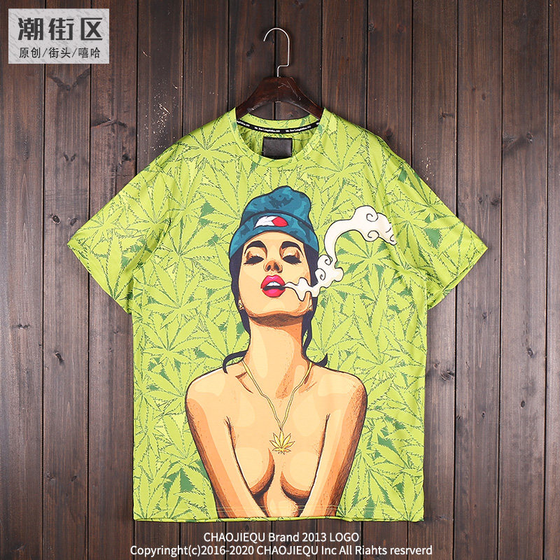 美式西海岸麻叶个性女人性感图宽松半袖T恤 棒球服短袖TEE加大码