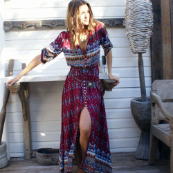 Bohemian ຍາວ dress ຫາດ ຊາຍ dress ຍາວ ກາງ ວັນ ພັກ ທະ ເລ ທາງ ຫນ້າ slit ຄໍ V slim ຝ້າຍ ໄຫມ ຫາດ ຊາຍ dress ສໍາ ລັບ ແມ່ ຍິງ summer