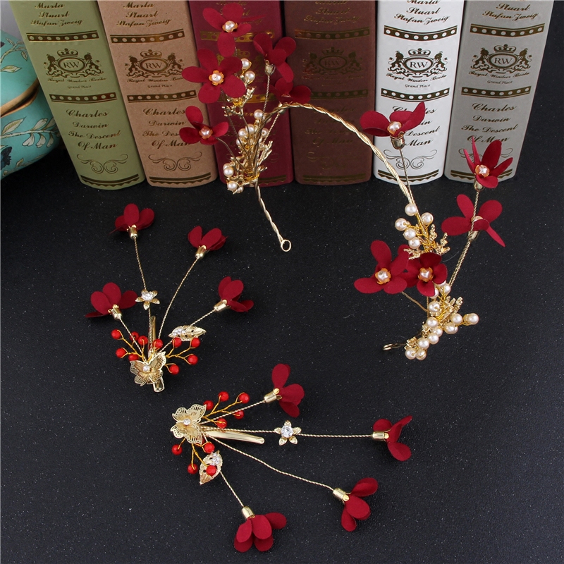 Bridal wedding crown Korean red wedding hair accessories Super fairy flower earrings jewelry Forest hair band headdress set