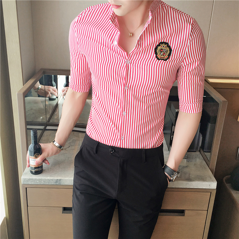 Men's Stand-Up Collar Shirt, Korean Style Trendy High-End Stylish Striped Shirt, Summer Three-Quarter Sleeve, Handsome and Versatile Short-Sleeve Shirt Men's Stand-Up Collar Shirt, Korean Style Trendy High-End Stylish Striped Shirt, Summer Three-Quarter Sleeve, Handsome and Versatile Short-Sleeve Shirt