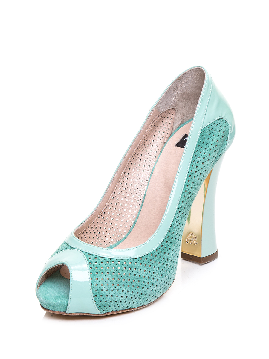 Roberto Botticelli 薄荷绿拼接孔面露趾高跟鞋