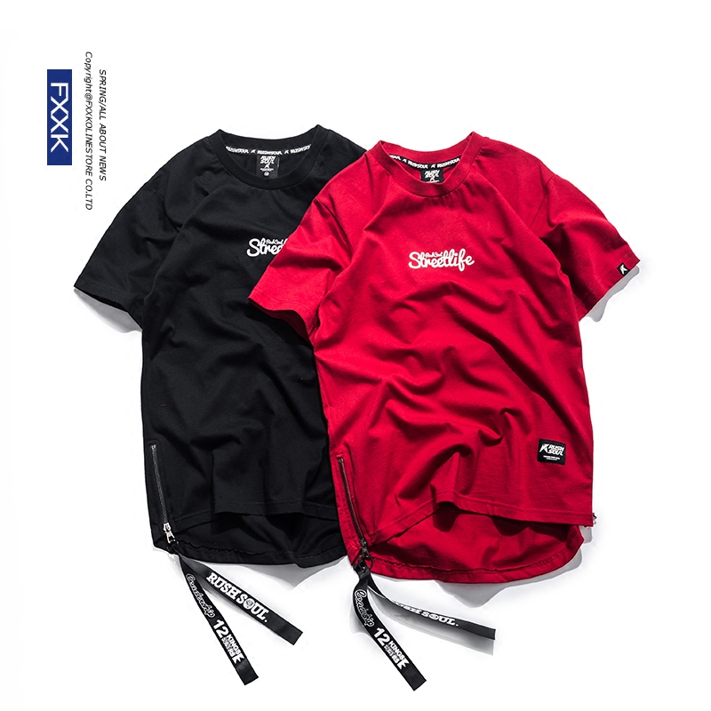 欧美街头男士短袖t恤潮牌嘻哈拉链吊带日系印花圆领半袖男打底衫