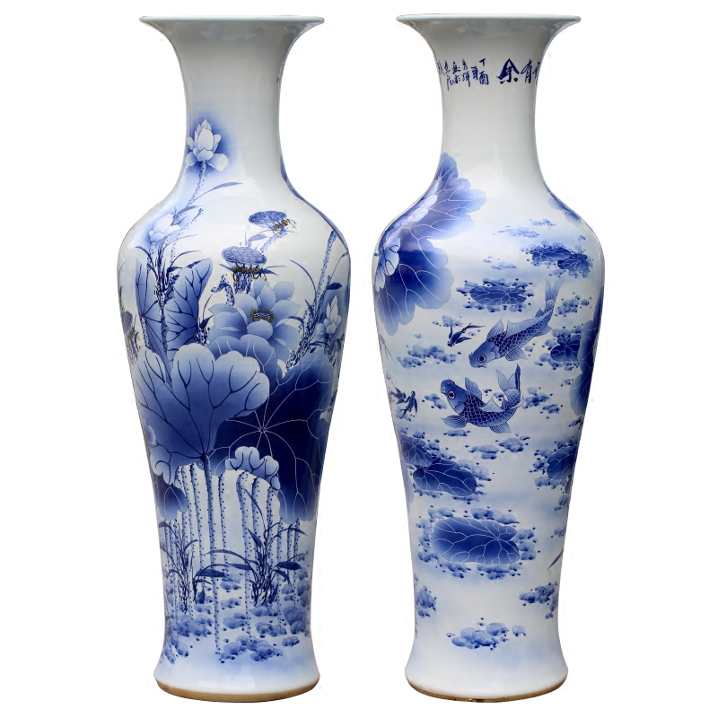 Fish of jingdezhen blue and white porcelain painting lotus sitting room of large vase household furnishing articles of modern ceramics handicraft
