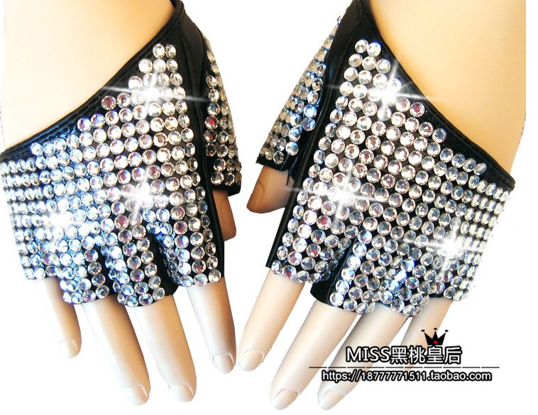 Nightclub singer ds inlaid and drilled half-finger imitation leather gloves ultra-shiny glass crystal diamond full of drill gloves
