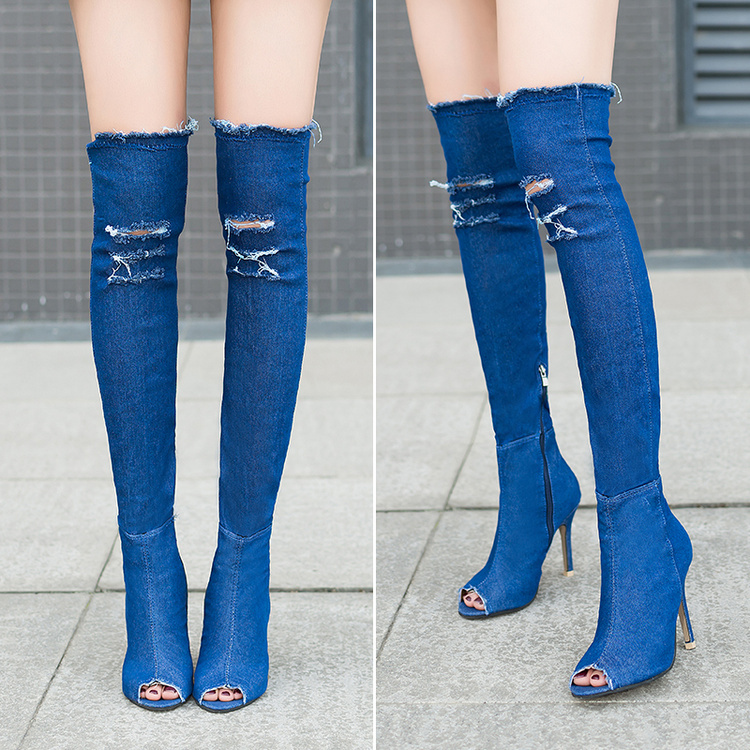 Trendy Canvas Denim Women's Shoes, New Style Half-Zip Sandals, Spring, Autumn, and Summer High Heels, Stiletto Heels, Breathable Suede Trendy Canvas Denim Women's Shoes, New Style Half-Zip Sandals, Spring, Autumn, and Summer High Heels, Stiletto Heels, Breathable Suede