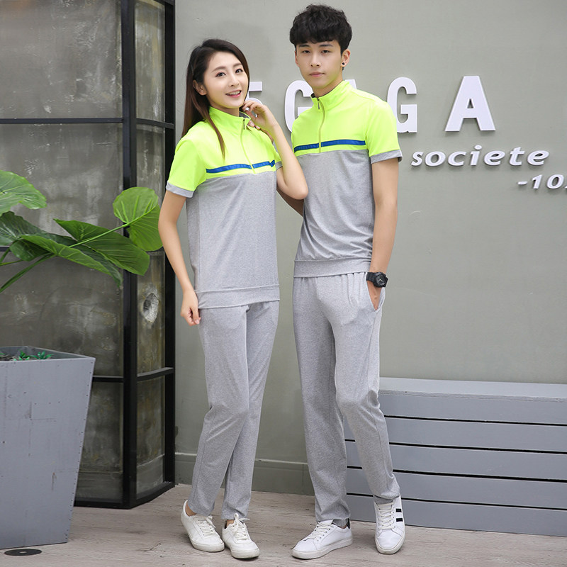 纯棉情侣跑步运动套装女夏季薄款休闲短袖晨跑男土两件套运动服夏