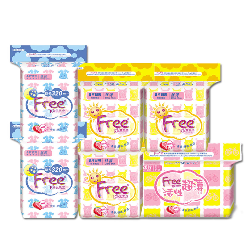Free飞卫生日用丝薄8片*3包+夜用丝薄4片*2包+护垫28片 日夜组合