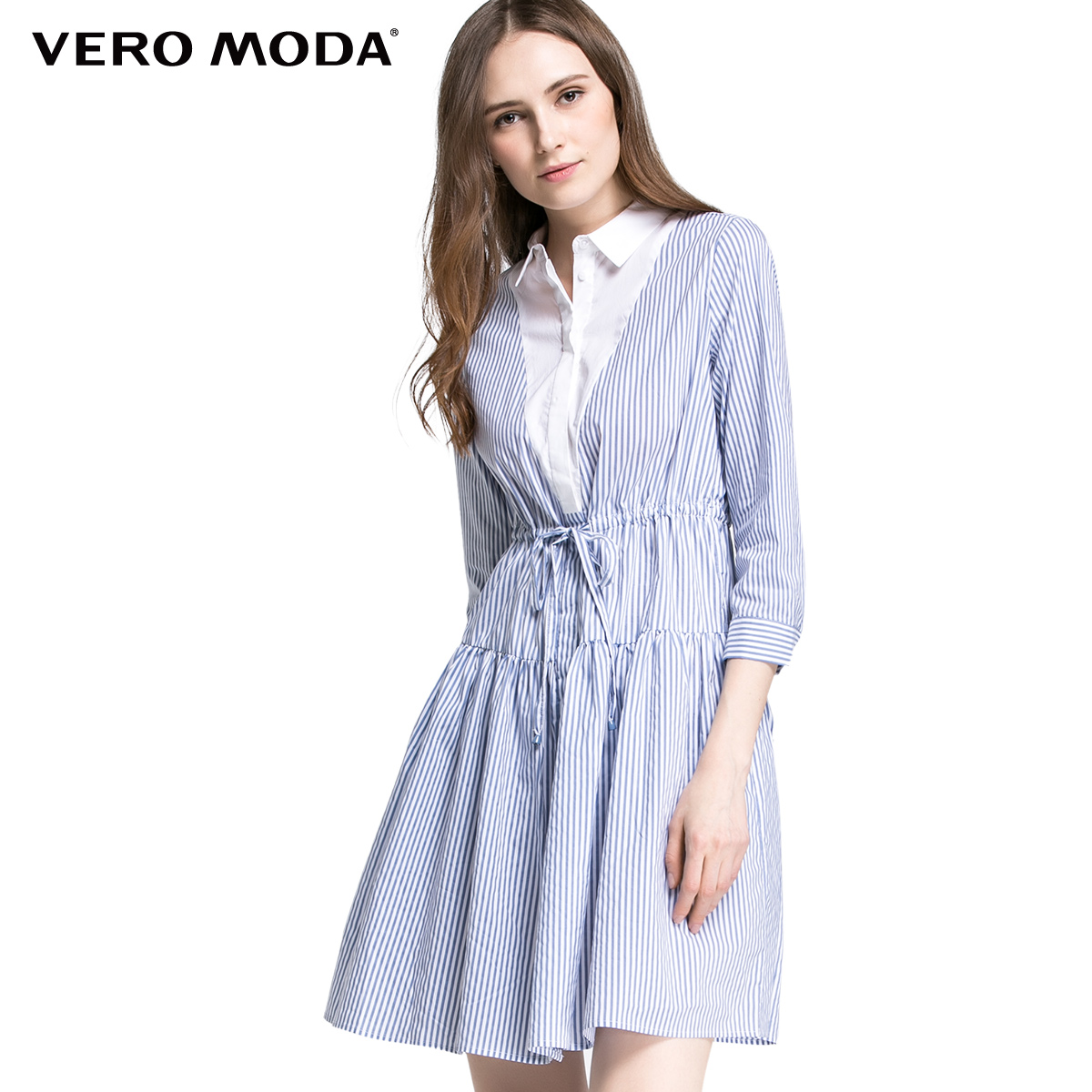 Vero Moda条纹印花腰部系带裙摆百褶衬衫连衣裙31617C046