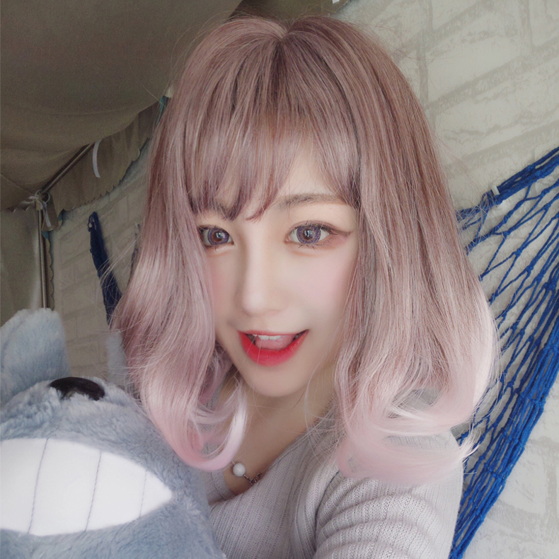 原宿假发粉白色梨花短卷发女空气刘海短发bobo头彩色渐变假发