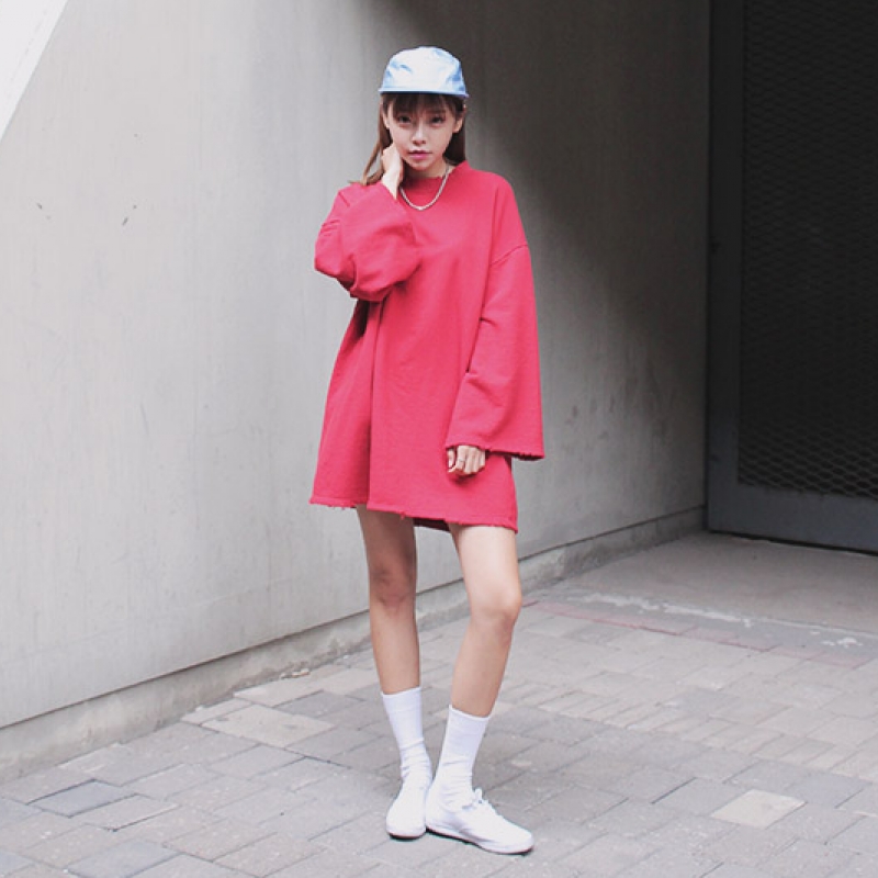 韩国stylenanda官方正品 个性做旧剪裁宽松迷你连衣裙-红色