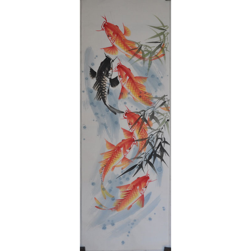 中国古美術・荷花鯉鱼図三尺画芯・啓功印款・水墨画・純手描き・文房具・宣紙・带水印 中国古美術・荷花鯉鱼図三尺画芯・啓功印款・水墨画・純手描き