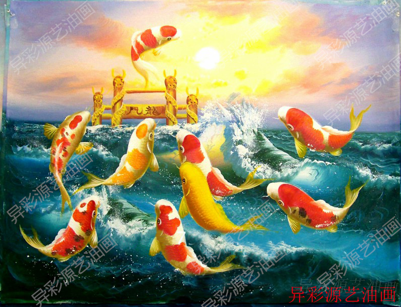 九魚圖手繪油畫客廳臥室裝飾畫九條鯉魚-Taobao-Tmall