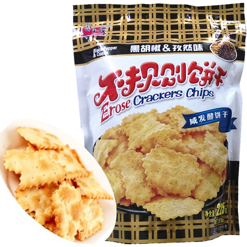 【天猫超市】味之旅不规则梳打饼干黑胡椒孜然味225g休闲零食