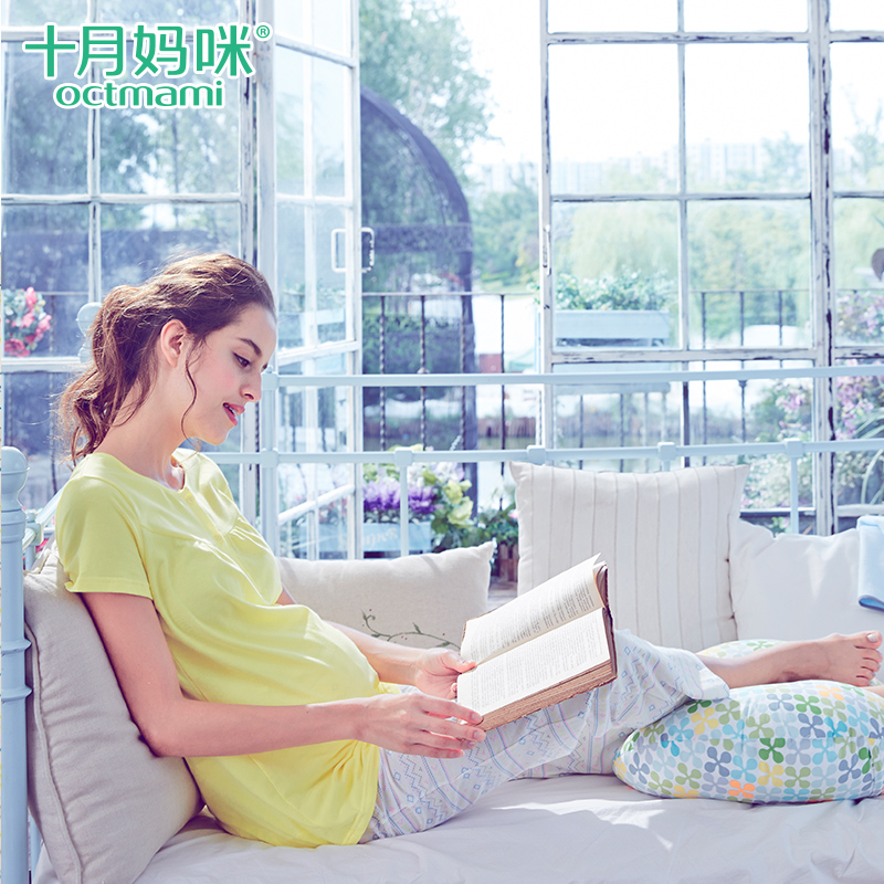 十月妈咪孕妇装夏装短袖孕妇t恤哺乳衣针织家居服短袖五分裤套装