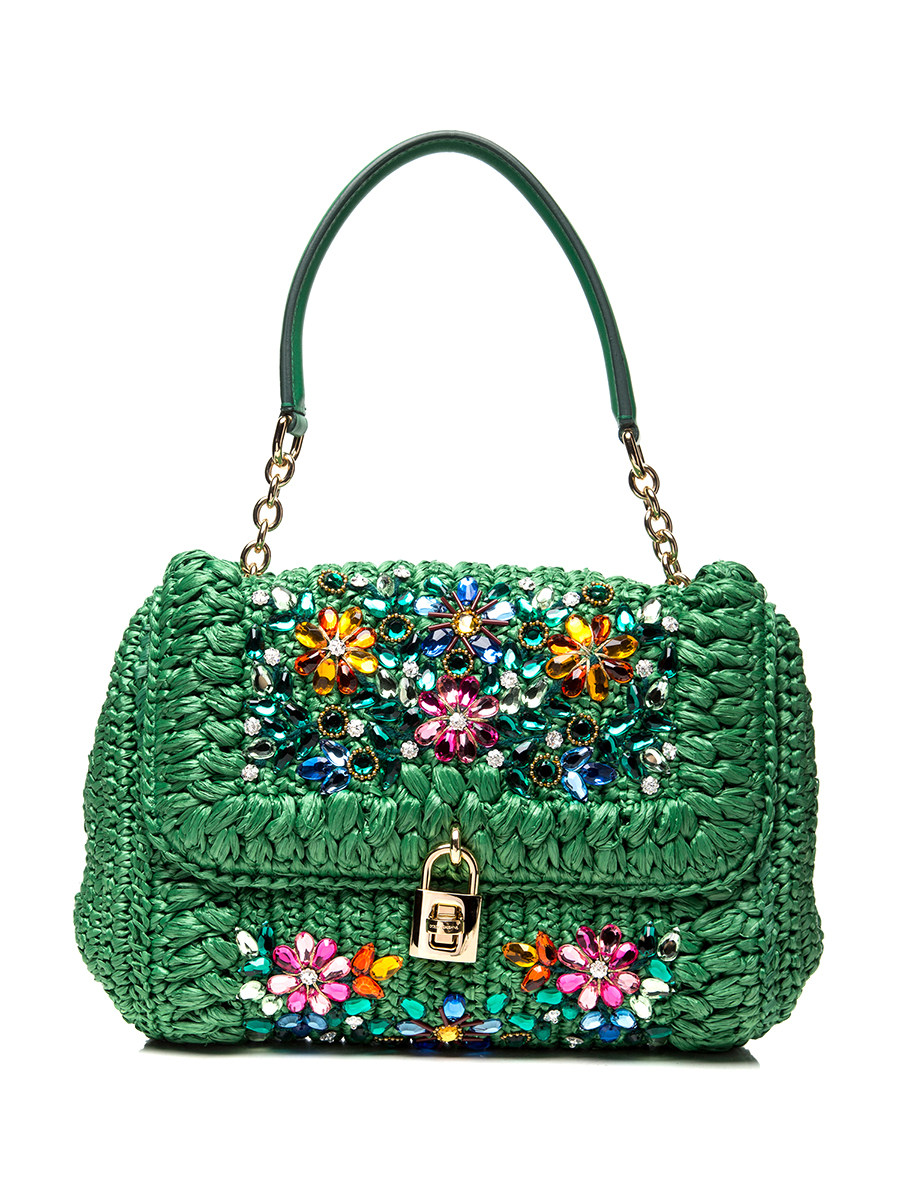 Dolce&Gabbana 绿色编织饰钻花饰旋扣手提包