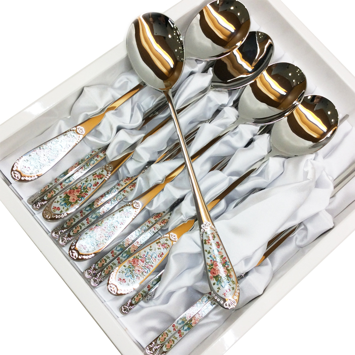 South Korea imported SMF brand England Rose stainless steel chopsticks spoon tableware set 10P gift box