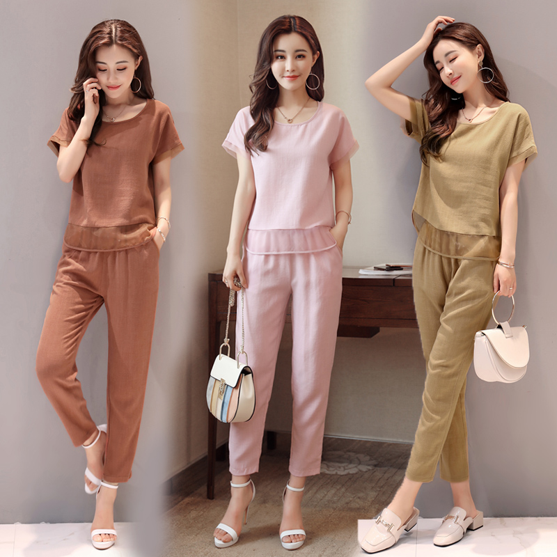 加大码女装套装棉麻短袖+九分裤两件套哈伦裤优雅简约舒适夏装胖