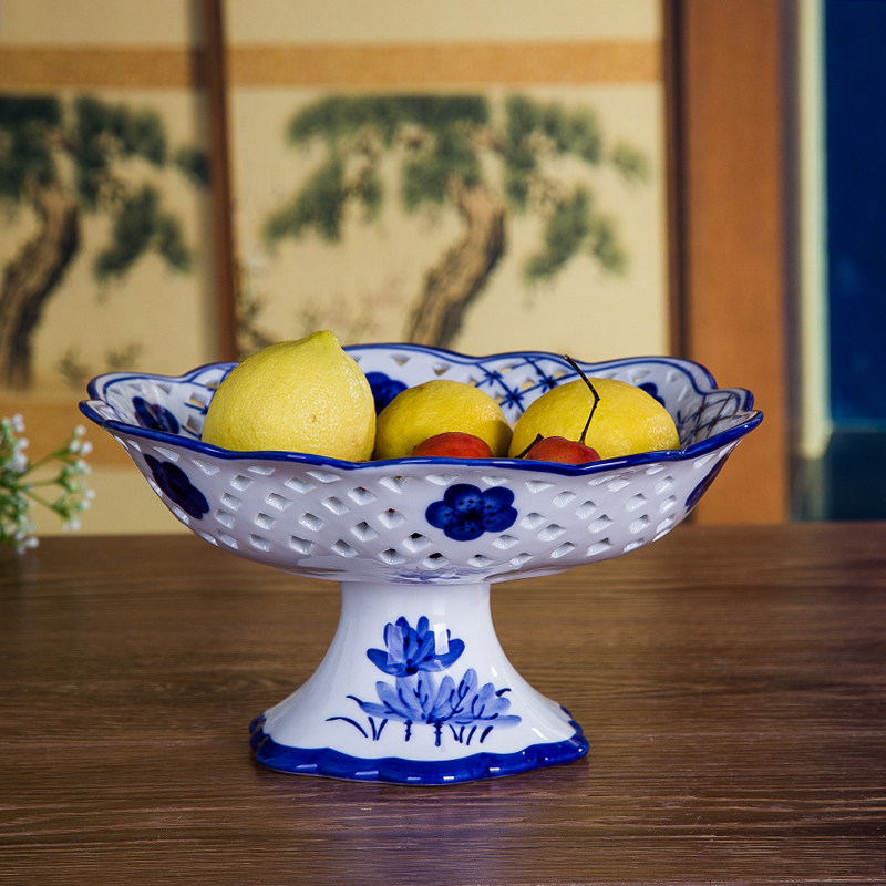 Jingdezhen Ceramic Ware Green Flowers Chinese Hollowed-out Fruits Pan Candy Dried Fruit Basket Fashion Creative Home Living Room Pendulum-Taobao