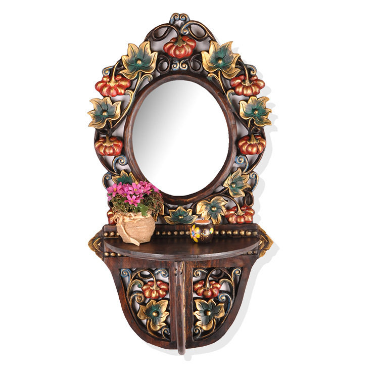 Thai crafts home solid wood carved mirror creative retro toilet bathroom mirror frame sink decorative mirror