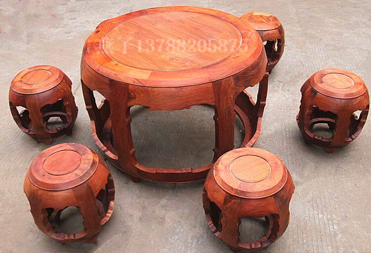 Mahogany furniture Myanmar rosewood dining table Raw grinding drum-shaped dining table Solid wood round table stool 7-piece set of large fruit rosewood
