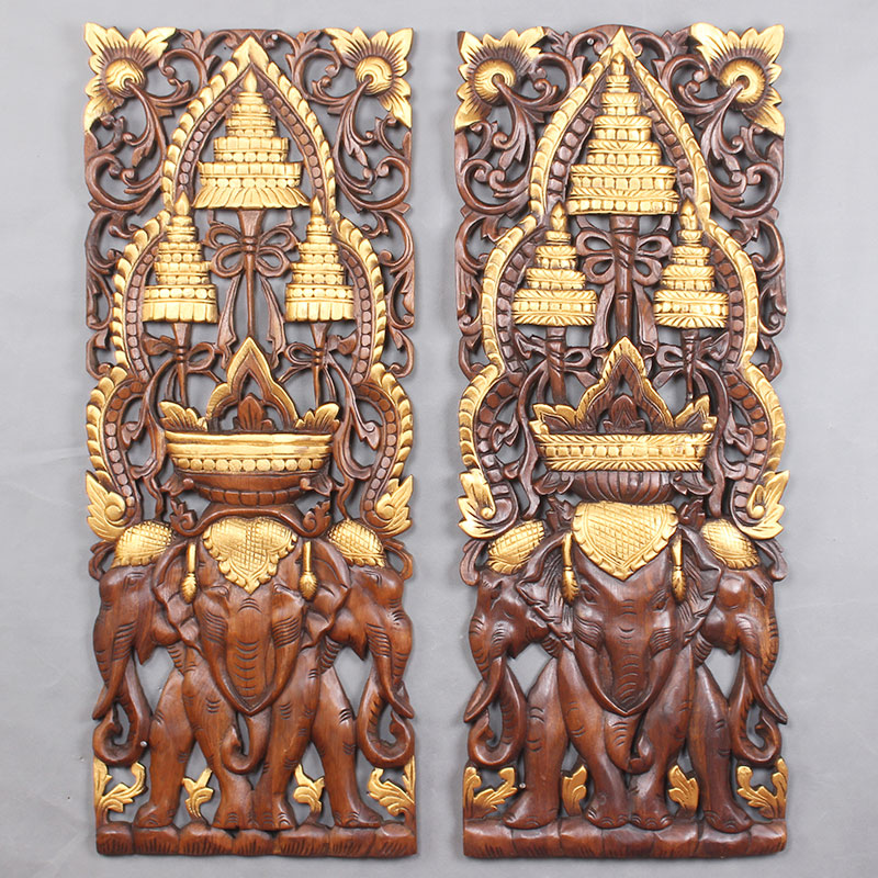 Thai Craft Gift Hem Accessories Triple Elephant God Wall Adorned Southeast Asia Wood Carving Elephant Pendant Genguan Sofa Background Wall Hanging Board