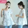 Thai sản mặc 2018 mùa hè mới phụ nữ mang thai áo sơ mi Hàn Quốc thêu triều mẹ ngắn thời trang mùa hè ngắn tay T-Shirt áo bầu công sở