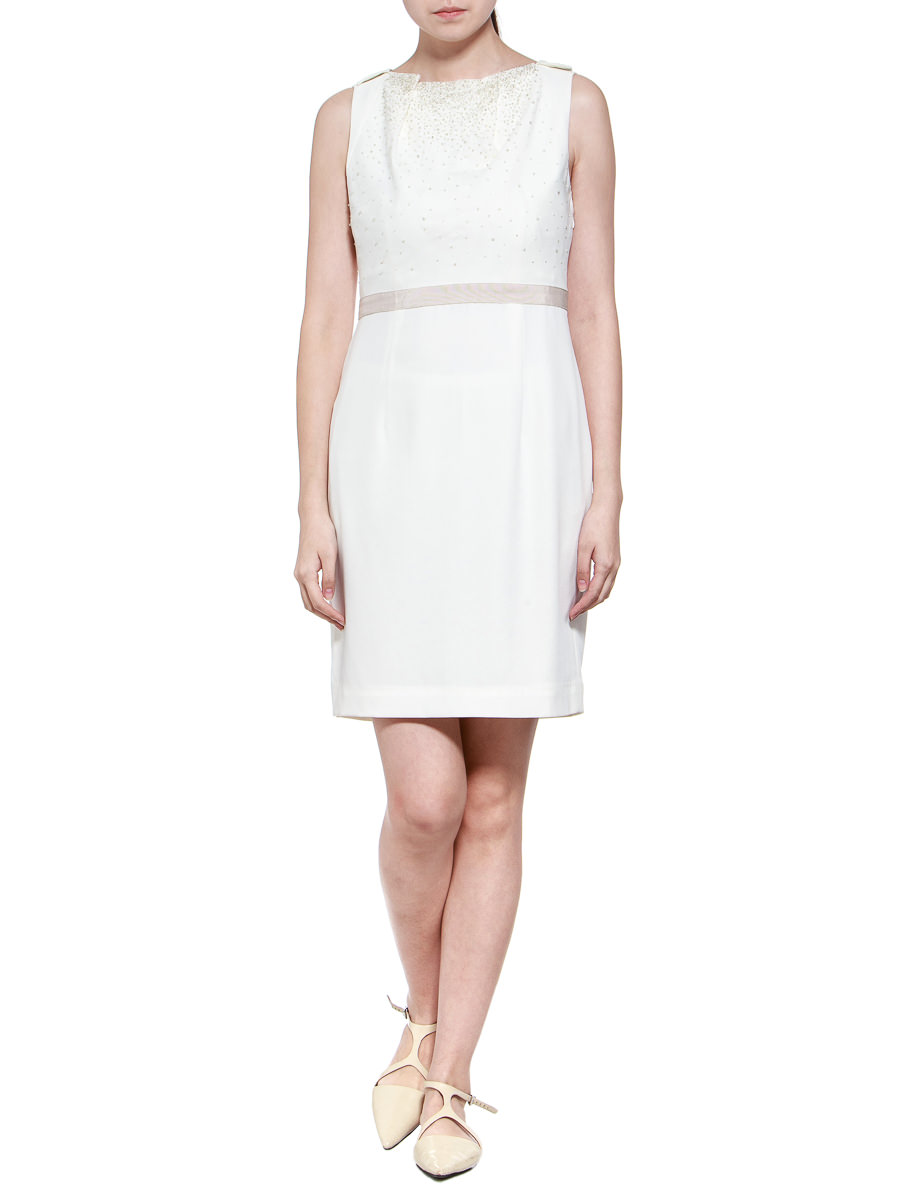 THEOPHILE 白色拼接剪裁饰水钻连衣裙
